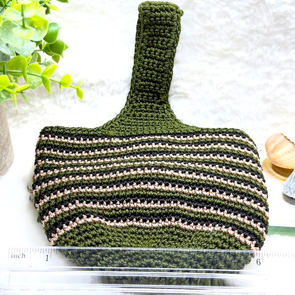 Green and Brown Striped Small Cute Embroidered Bag - Picture 6 of 8
